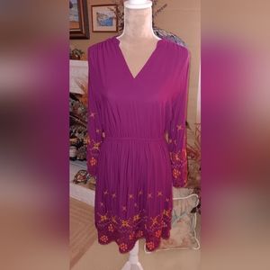 World Market~Purple Fuchsia Floral Embroidered Bohemian Long Sleeve Dress NWOT